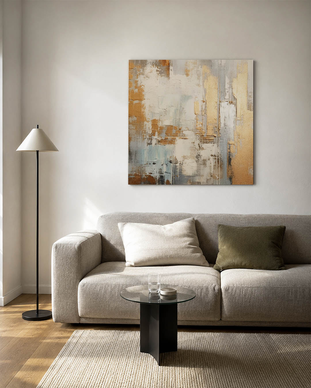 Gelaagde texturen kunstwerk – vierkante wanddecoratie – dit werk toont een dynamische mix van beige, grijs en brons. De