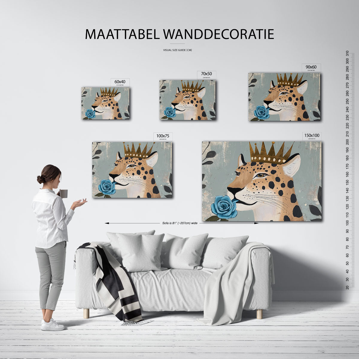 Kroonluipaard met roos – kunstwerk op canvas, dibond of plexiglas