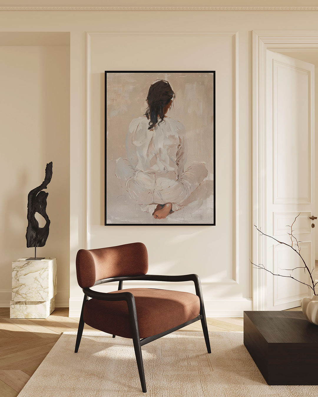 Zittende vrouw rugaanzicht – staand wanddecoratie kunstwerk
