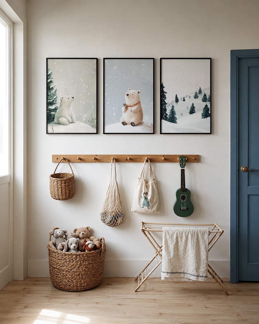 Winterse sereniteit posterset – detailweergave – sneeuwvlokken dwarrelen zachtjes neer op een glooiend