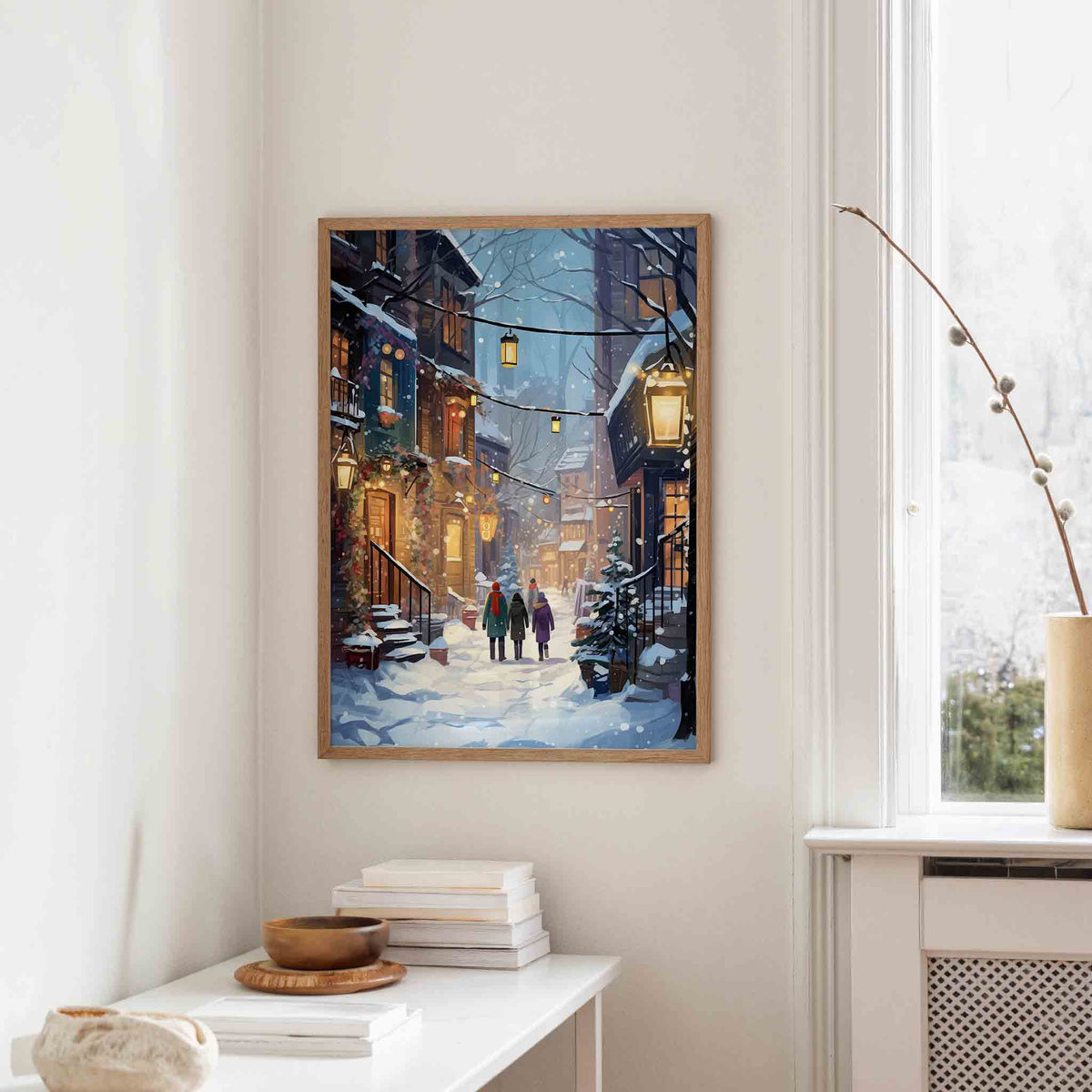Winterse straat met lantaarns – staande kerst wanddecoratie van WallArtistic