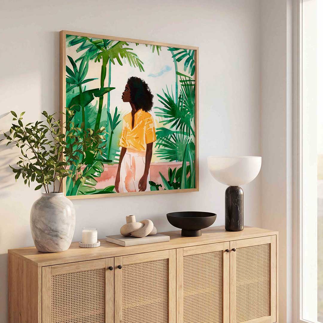 Vrouw tussen groene bladeren – illustratie poster in vierkant formaat