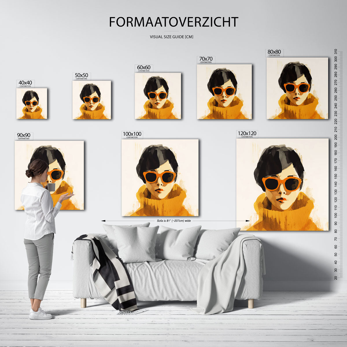 Vrouw met oranje zonnebril – vierkante muurposter met vrouwelijk portret