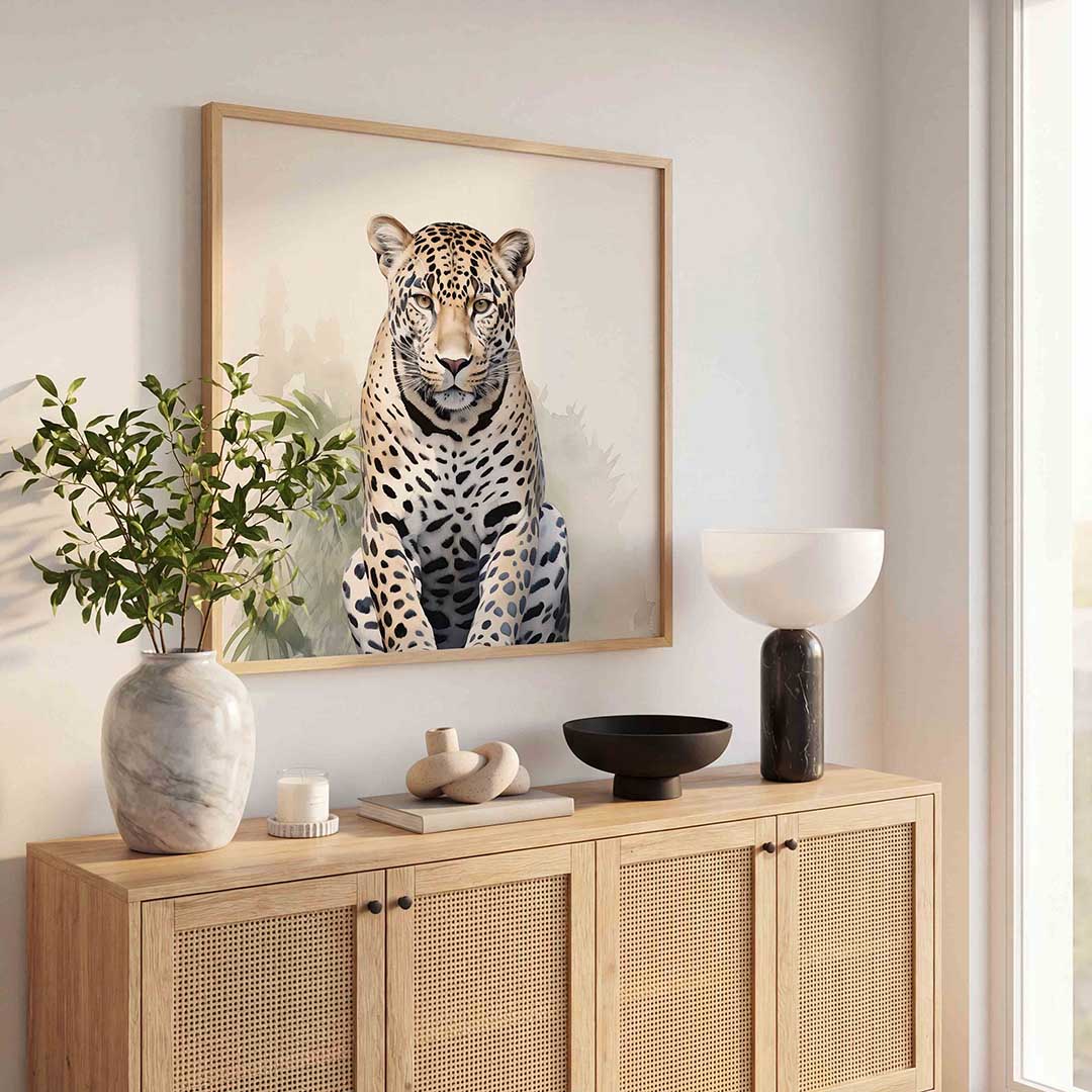 Luipaard met bladeren – vierkante jungle wanddecoratie van WallArtistic