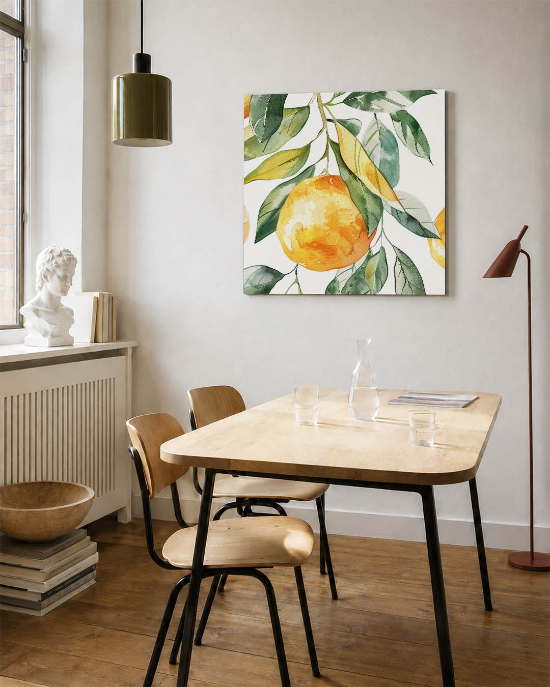 Citrus en bladeren kunstwerk – detailweergave – dit werk toont een levendige compositie van oranje citrusvruchten en groene
