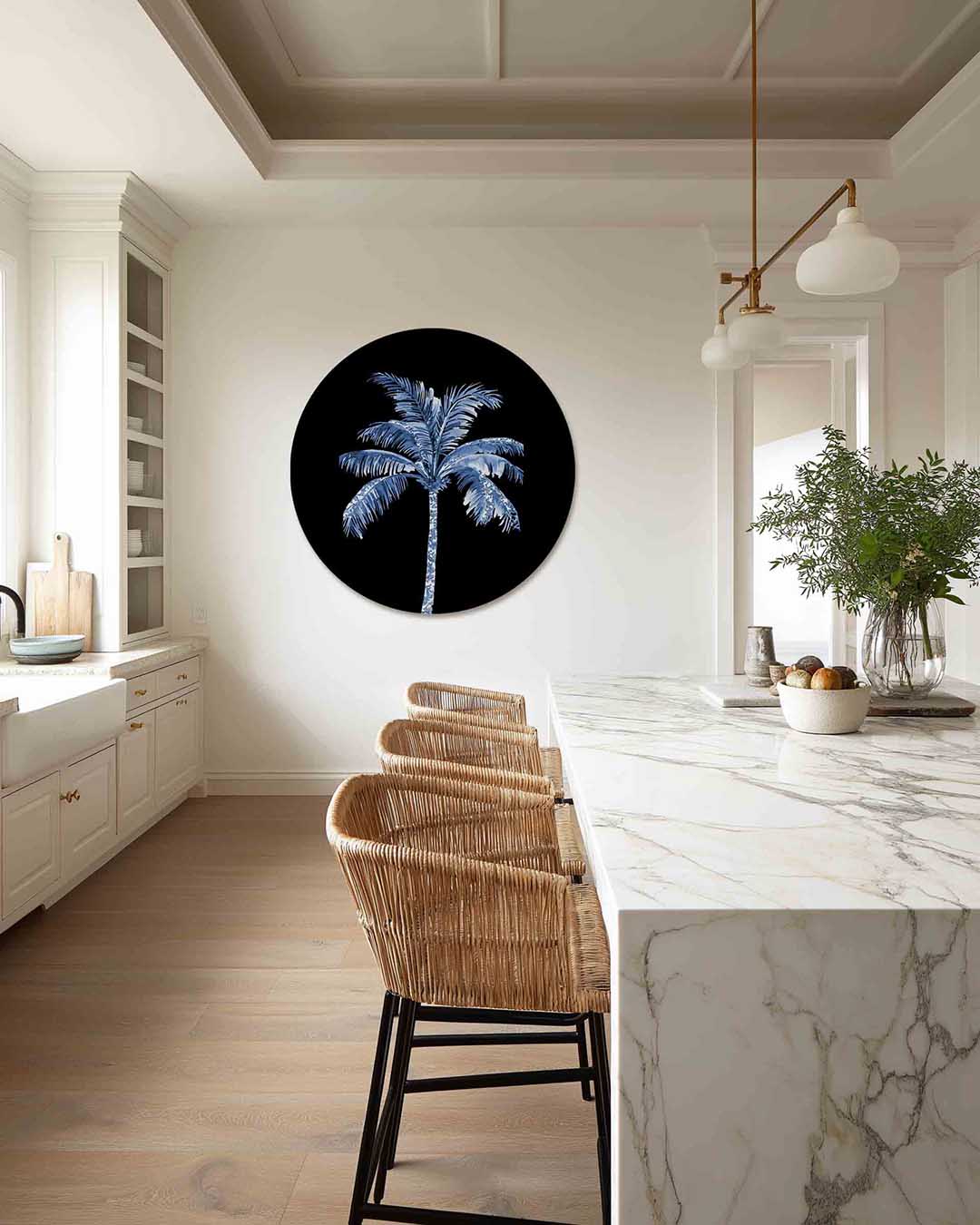 Blauwe palmboom – Pop Art muurcirkel als ronde wanddecoratie