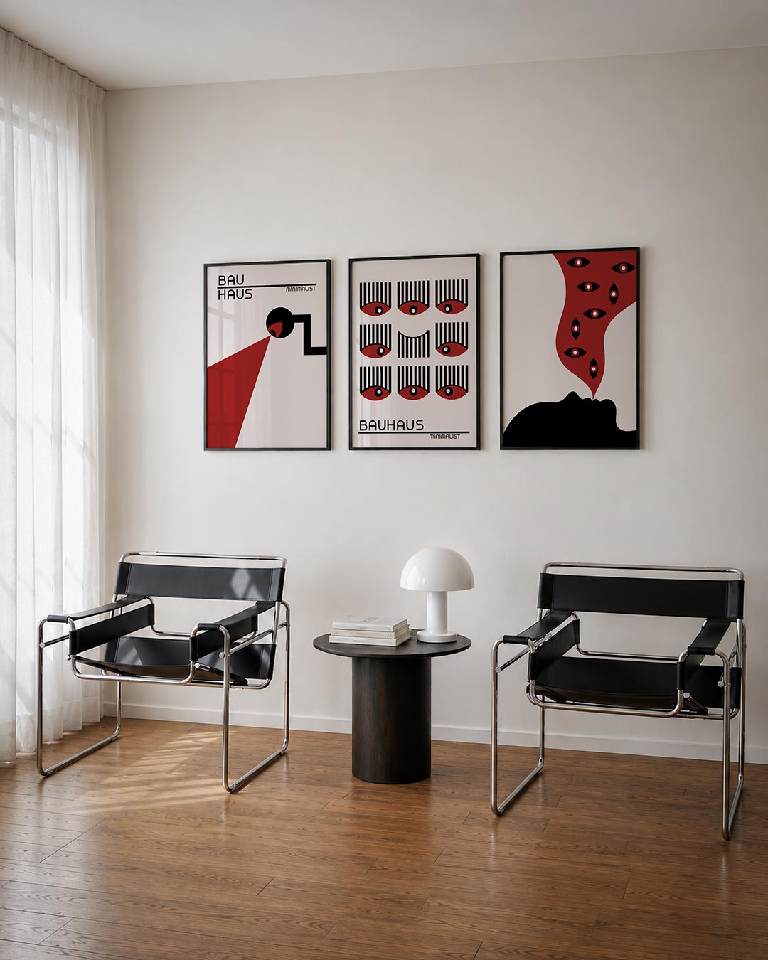 Vormen en vlakken driedelige posterset – deze posterset in drie delen toont een spel van zwarte en rode vormen op een lichte
