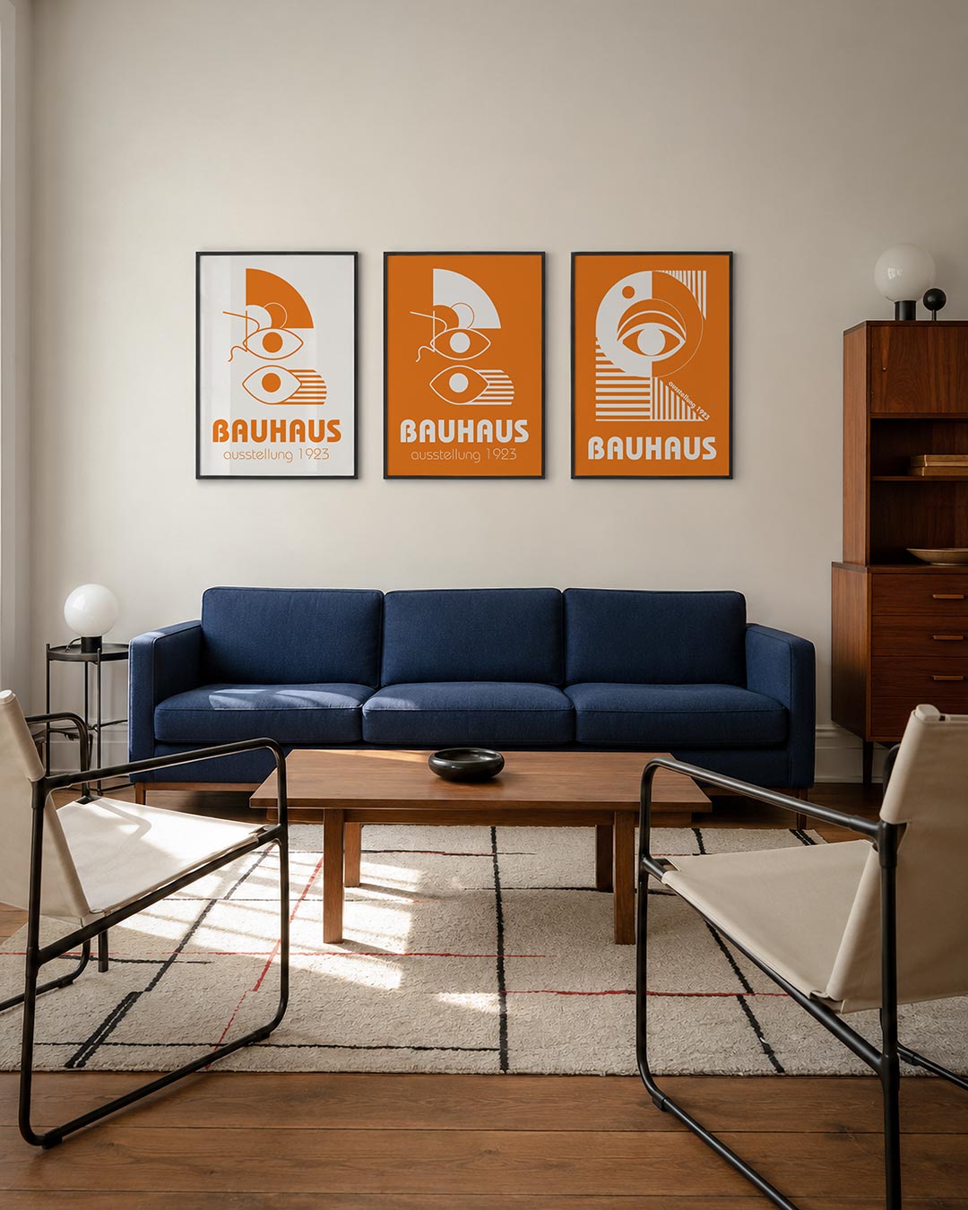 Oog en lijnen driedelige posterset – oranje vormen en lijnen creëren een speels lijnenspel met ogen en cirkels. De compositie