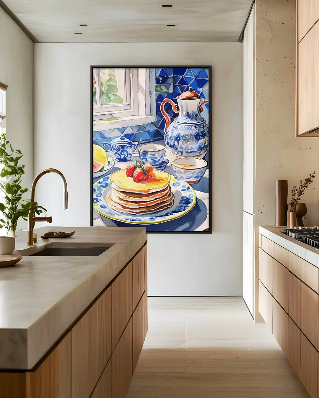 Ontbijt in Blauwe Sereniteit – staand kunstwerk voor modern interieur