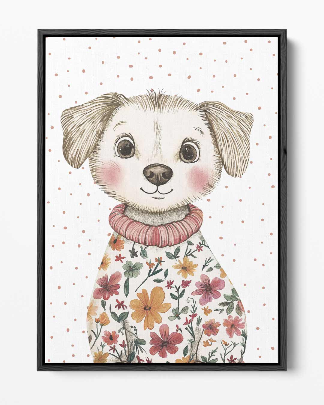 Vrolijke Pup in Bloemenjas – portret kunstwerk als wanddecoratie