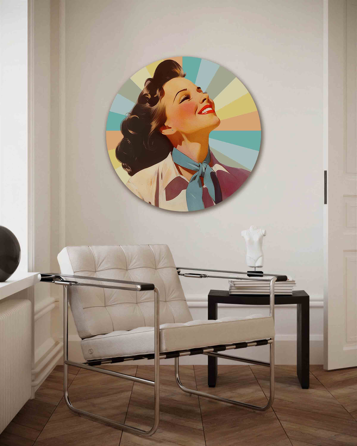 Vrouw met kleurrijke stralen – Pop Art muurcirkel als ronde wanddecoratie