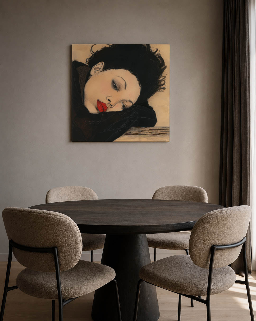 Dromerige vrouw kunstwerk – tweede productweergave – dit kunstwerk toont een vrouw met een serene uitdrukking, liggend op een