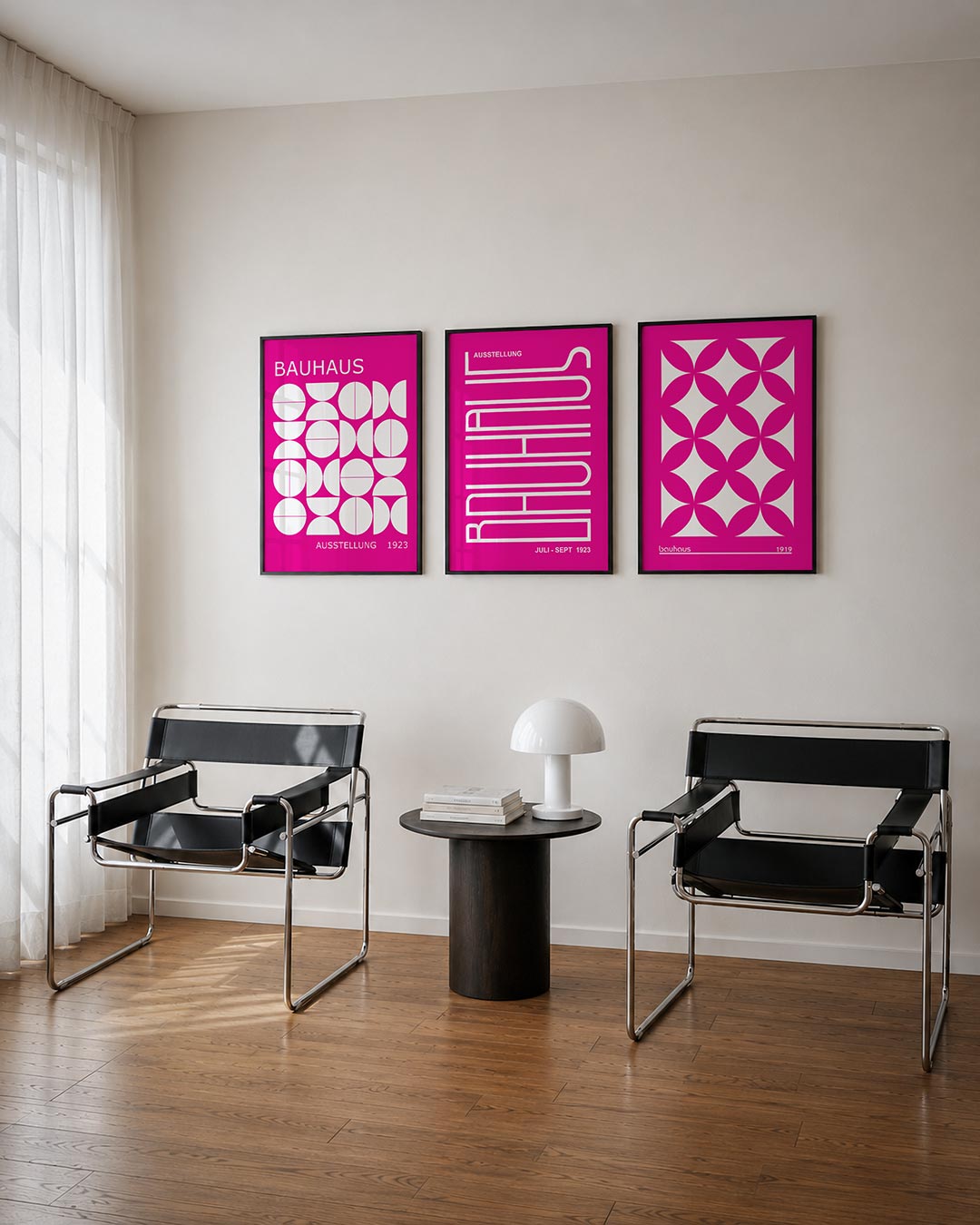 Vormen en vlakken posterset – tweede productweergave – deze posterset in drie delen toont een levendig spel van witte cirkels