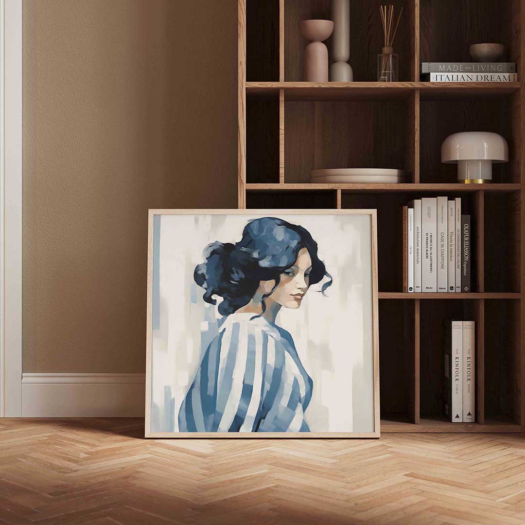 Vrouw met blauwe strepen – portret poster in vierkant formaat