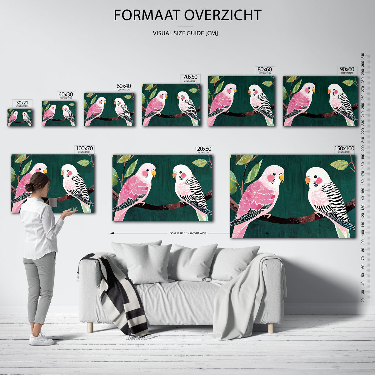 Twee parkieten op tak – liggende muurposter met dierenthema