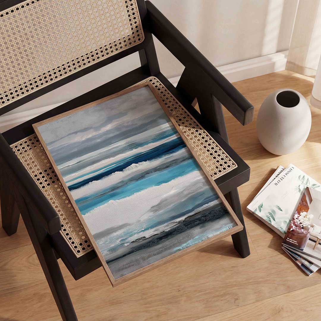 Horizontale lijnen in blauw en grijs – abstracte wandkunst als portret poster