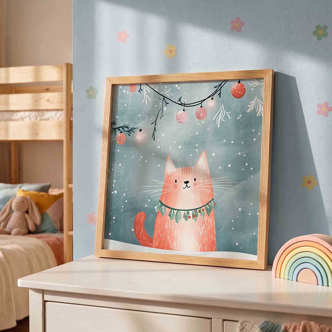 Kat met kerstversiering – speelse wandkunst als vierkante kinderposter