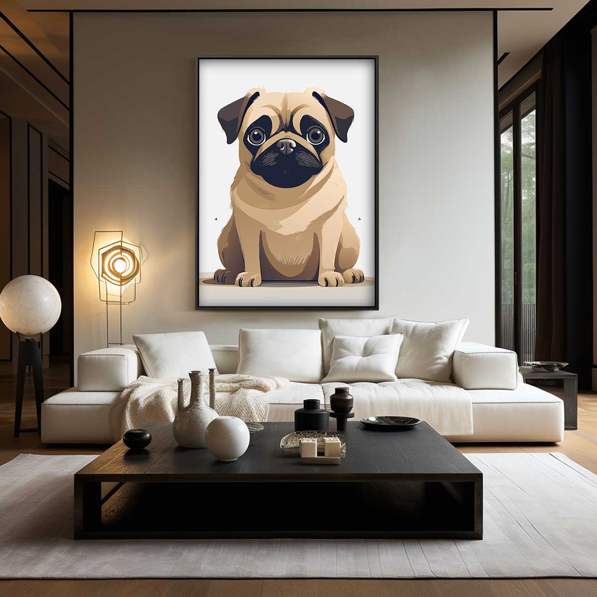 Schattige Mopshond Illustratie – canvas wanddecoratie in portret formaat