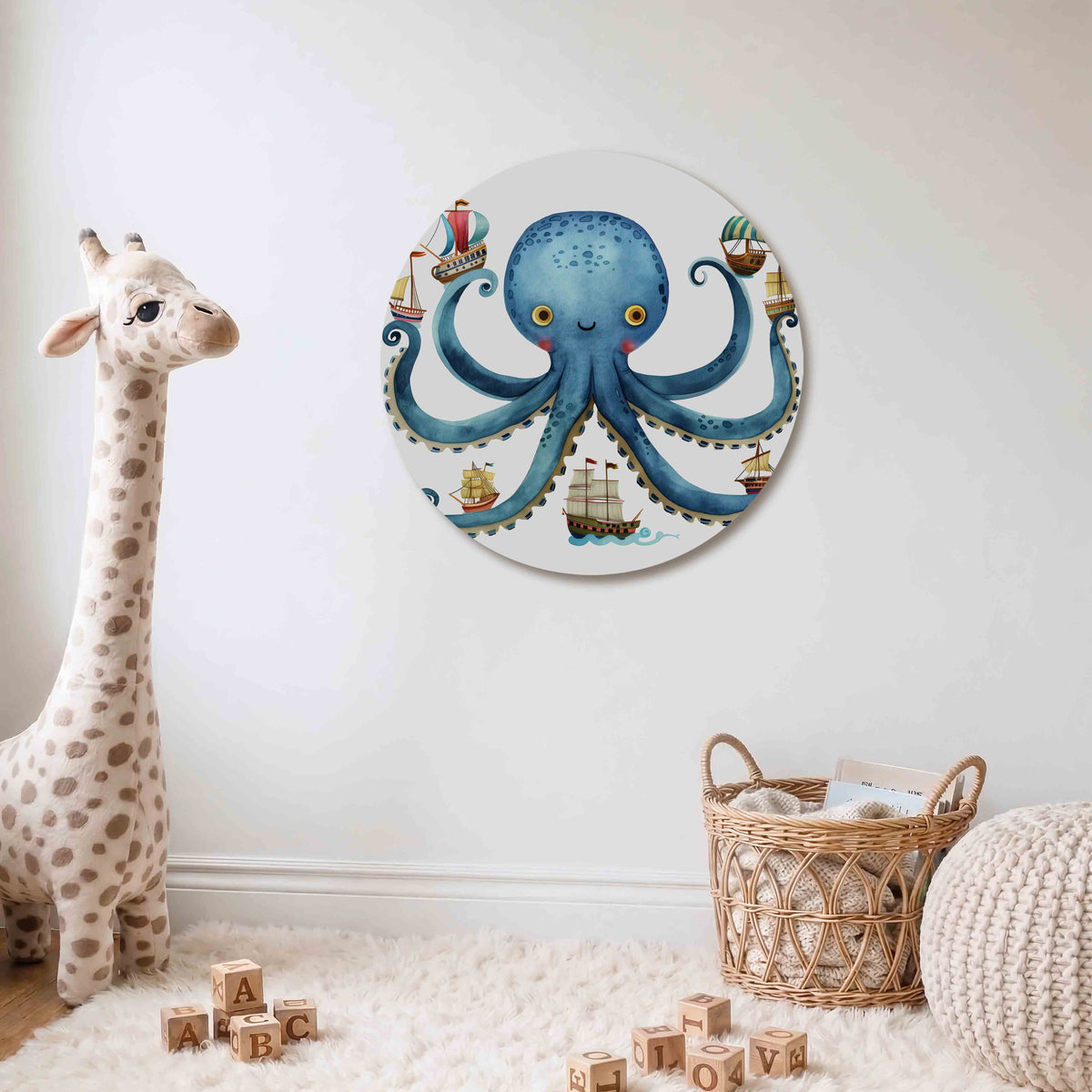 Blauwe octopus met schepen Muurcirkel – Een blauwe octopus met een vriendelijke uitstraling houdt verschillende kleurrijke