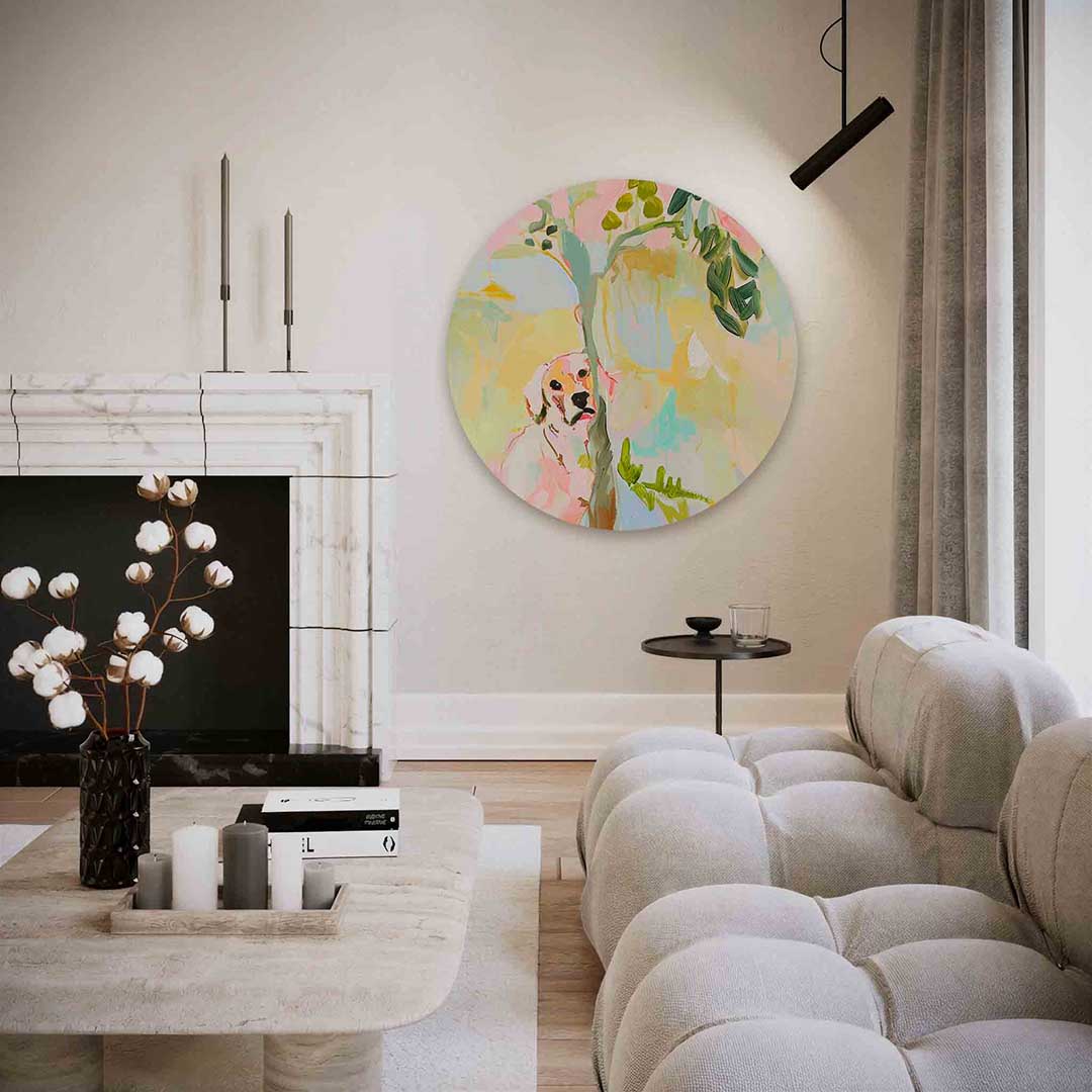 Hond en boom – abstracte textuur muurcirkel als wanddecoratie