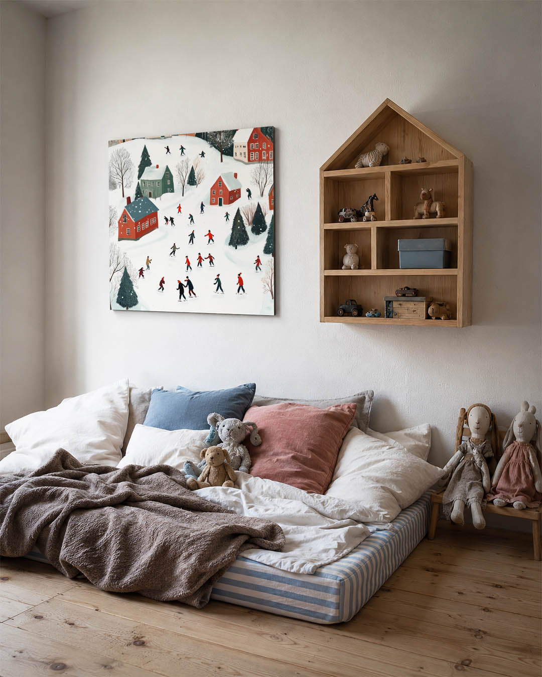 Winterse ijsschaatsers kunstwerk – derde productweergave – dit kunstwerk toont een levendig wintertafereel met schaatsers op