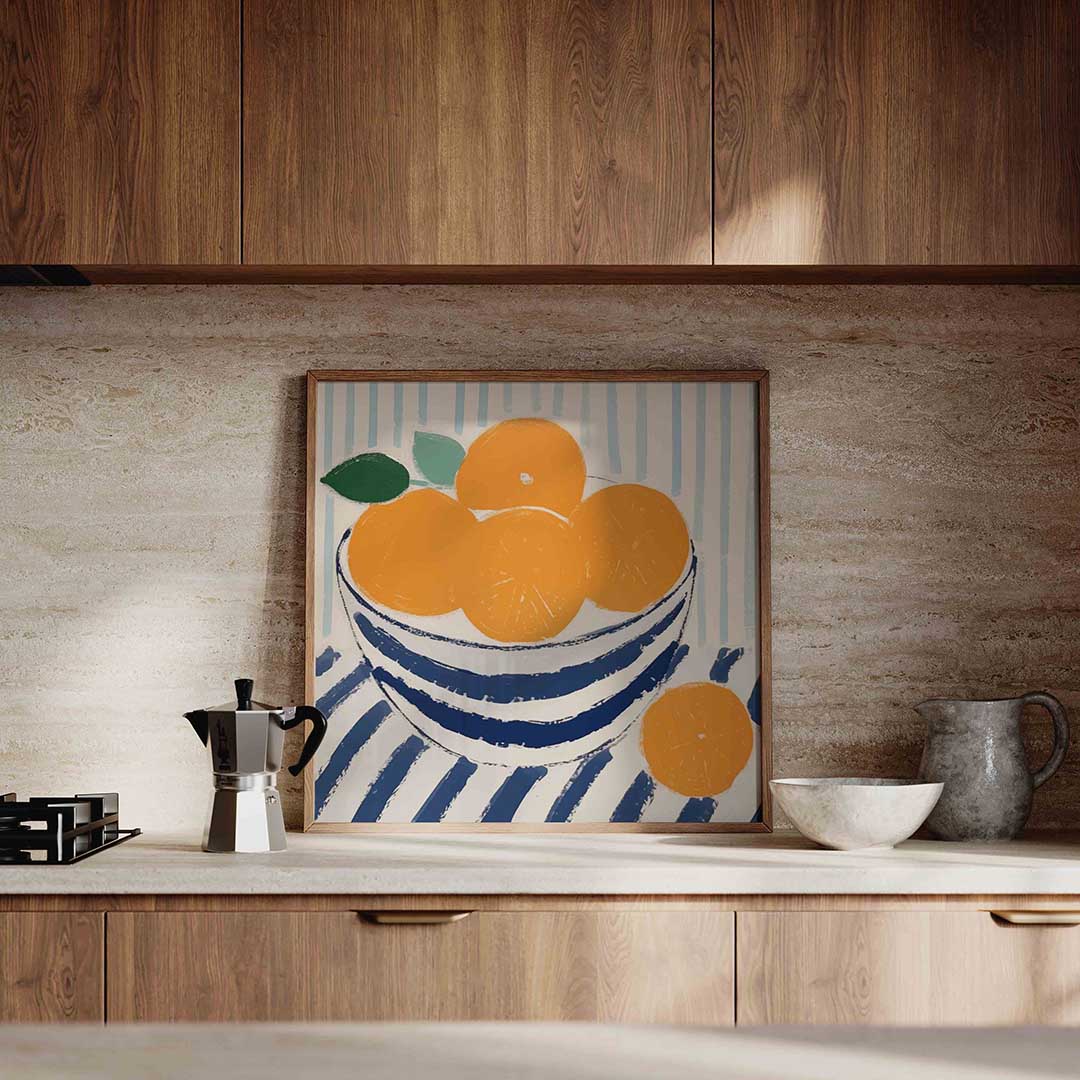 Mand met sinaasappels – culinaire wandkunst als vierkante poster