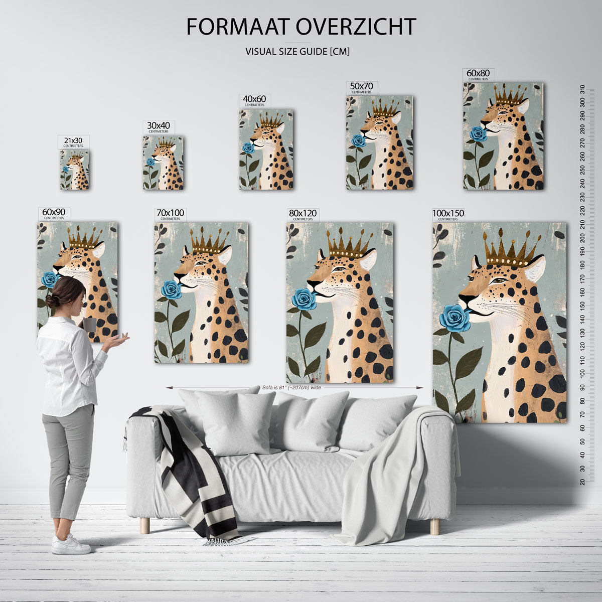 Luipaard met kroon en blauwe roos – staande muurposter met dierenthema