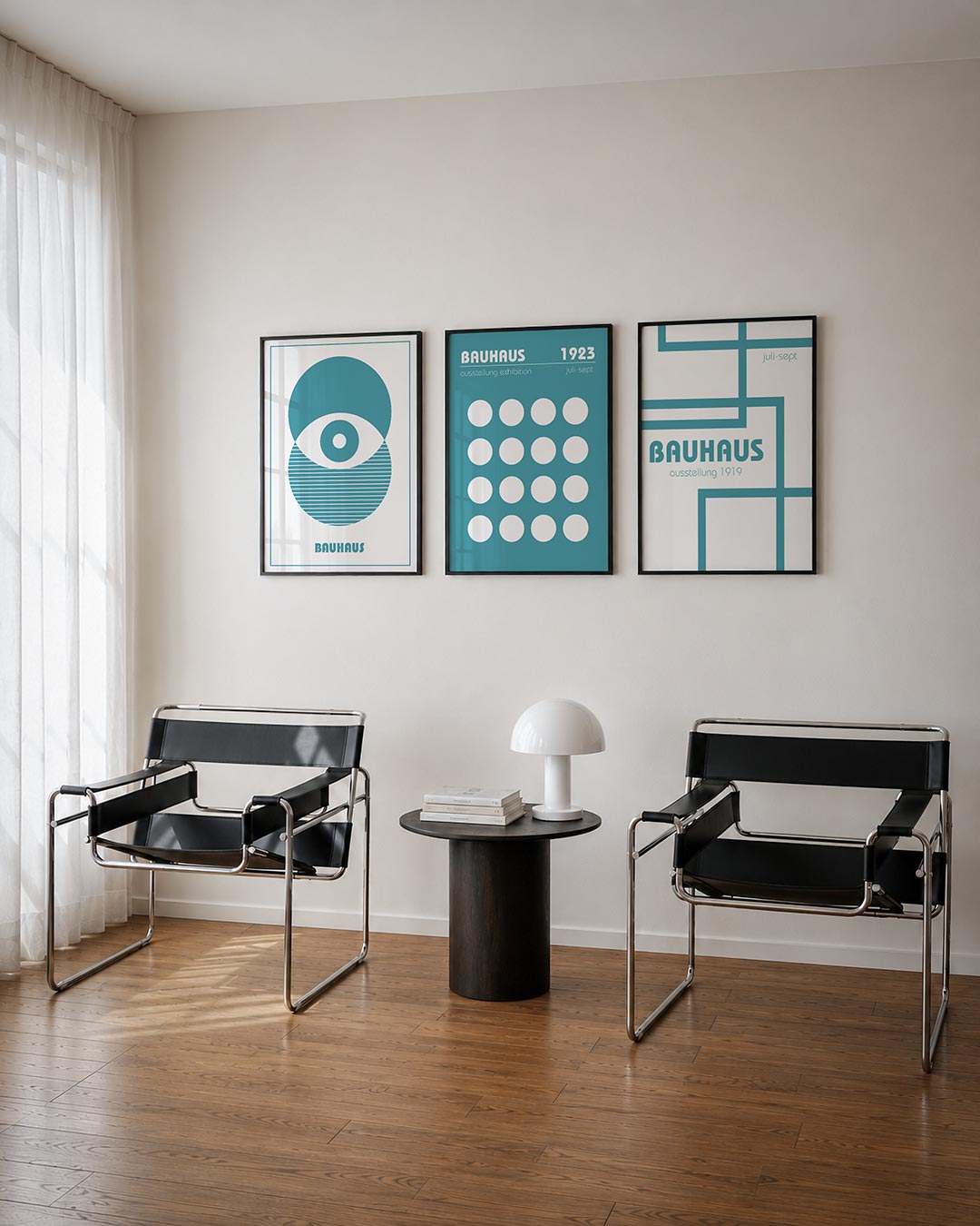 Cirkel en lijnen posterset – derde productweergave – deze posterset in drie delen toont een spel van cirkels en lijnen in