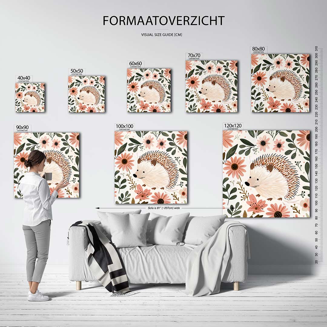Bloemen en egel kunstwerk – sfeerbeeld – dit kunstwerk toont een schattige egel omringd door bloemen en bladeren. De zachte