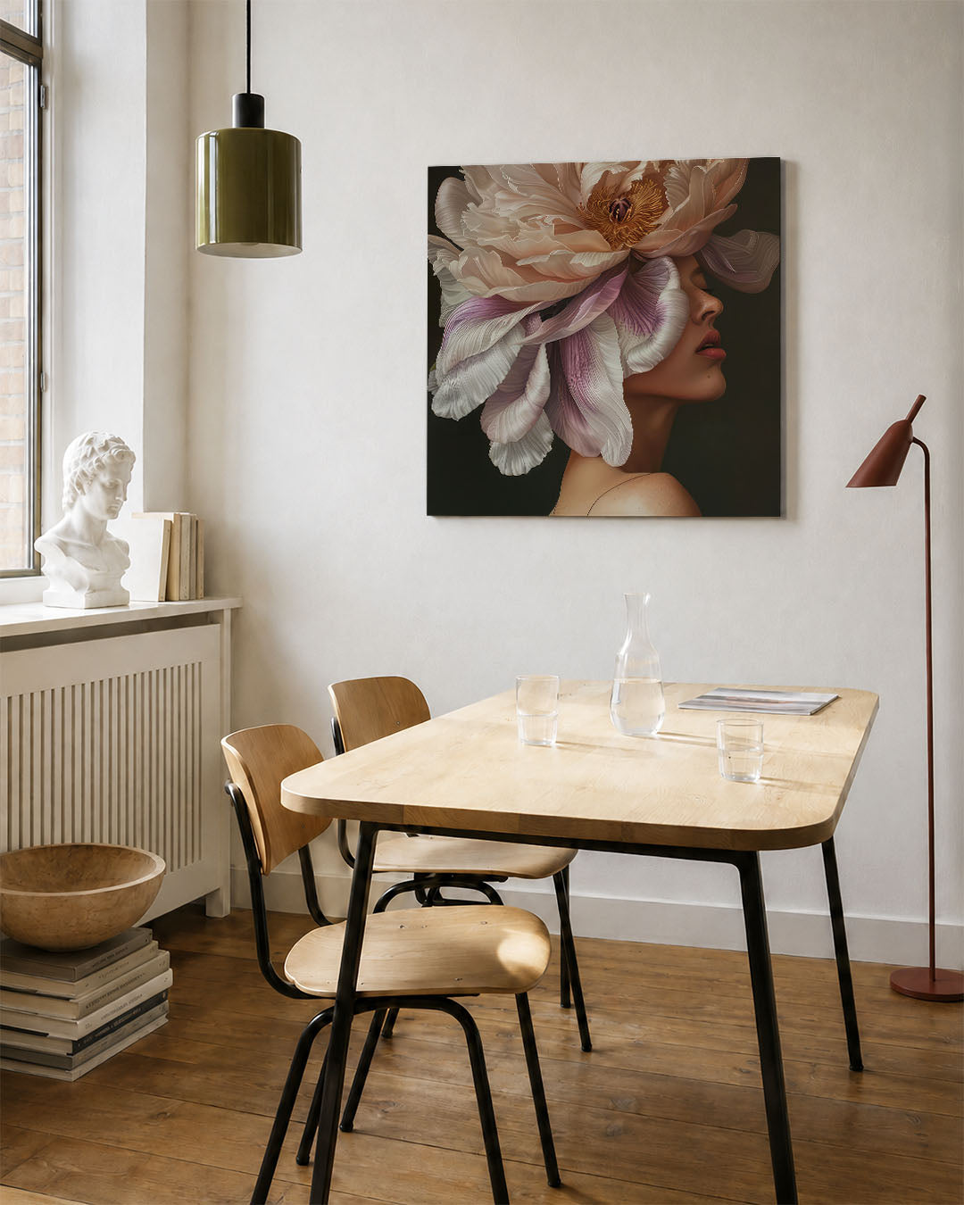 Bloemrijke droom kunstwerk – vierkante wanddecoratie – dit kunstwerk toont een vrouwelijk profiel met grote, gedetailleerde