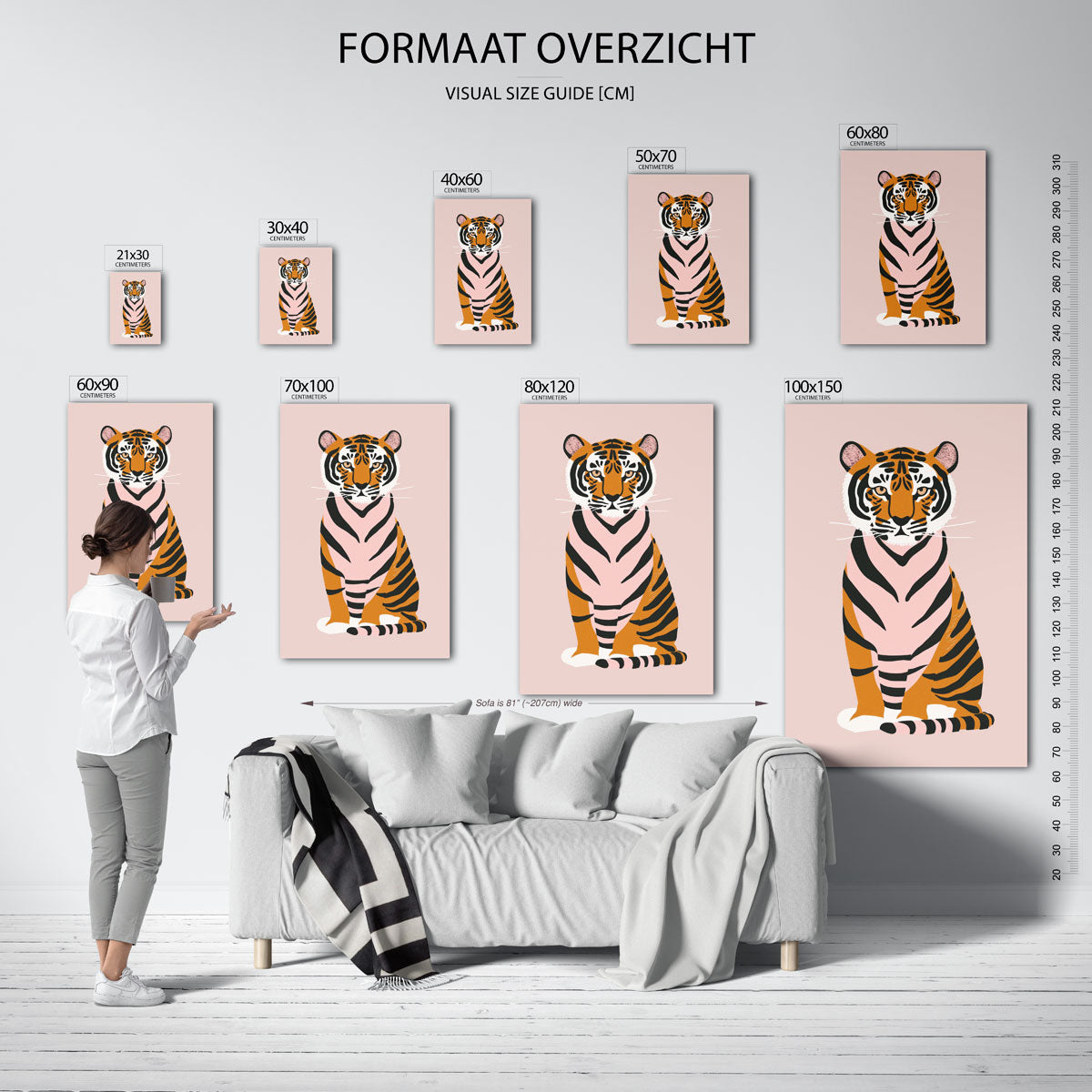 Tijger op roze achtergrond – staande muurposter voor de kinderkamer