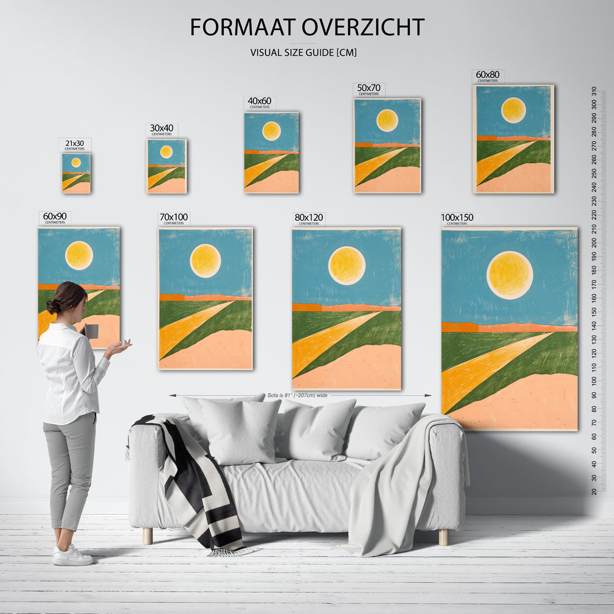 Zon en landschap – staande muurposter met hedendaagse illustratie