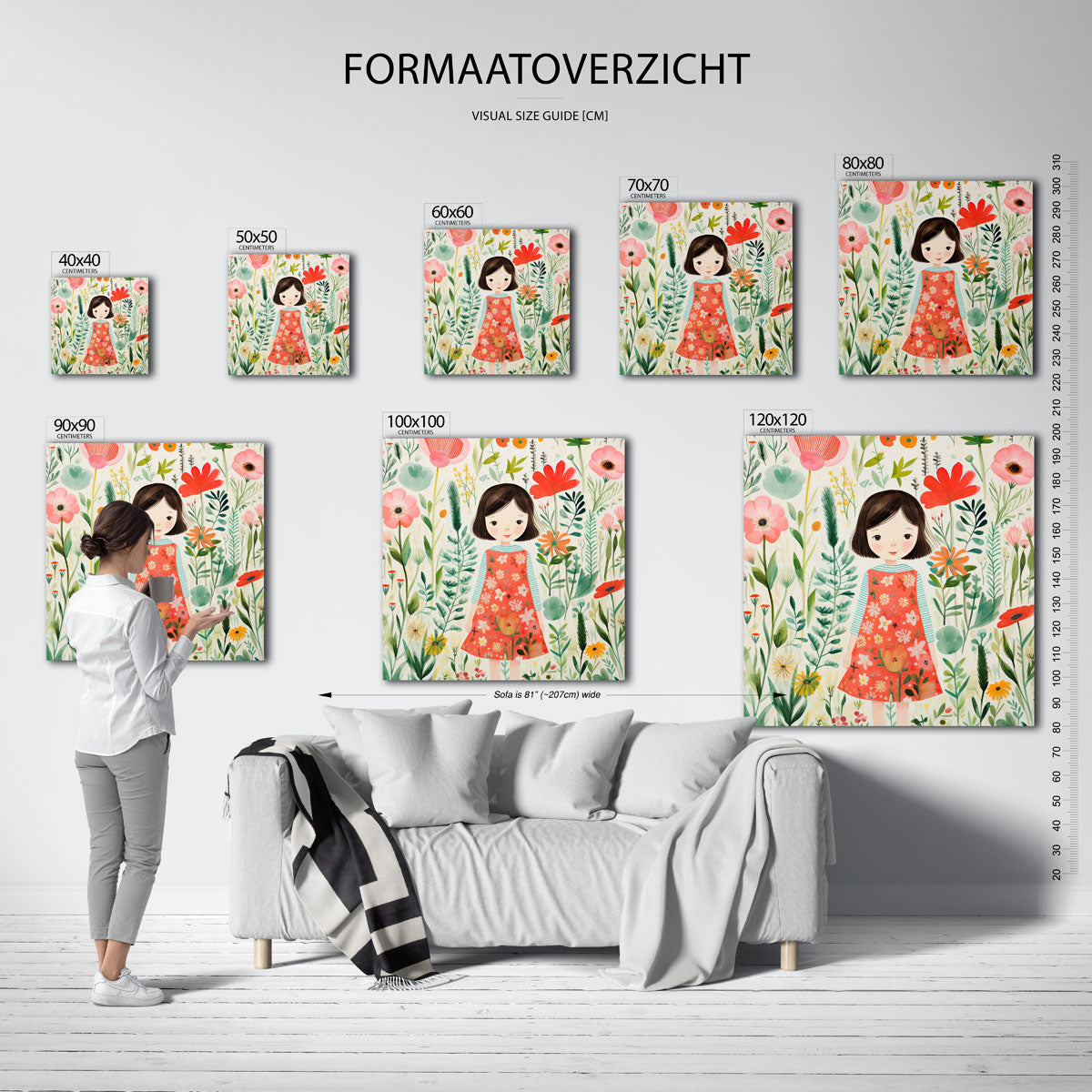 Meisje tussen bloemen – vierkante muurposter voor de kinderkamer
