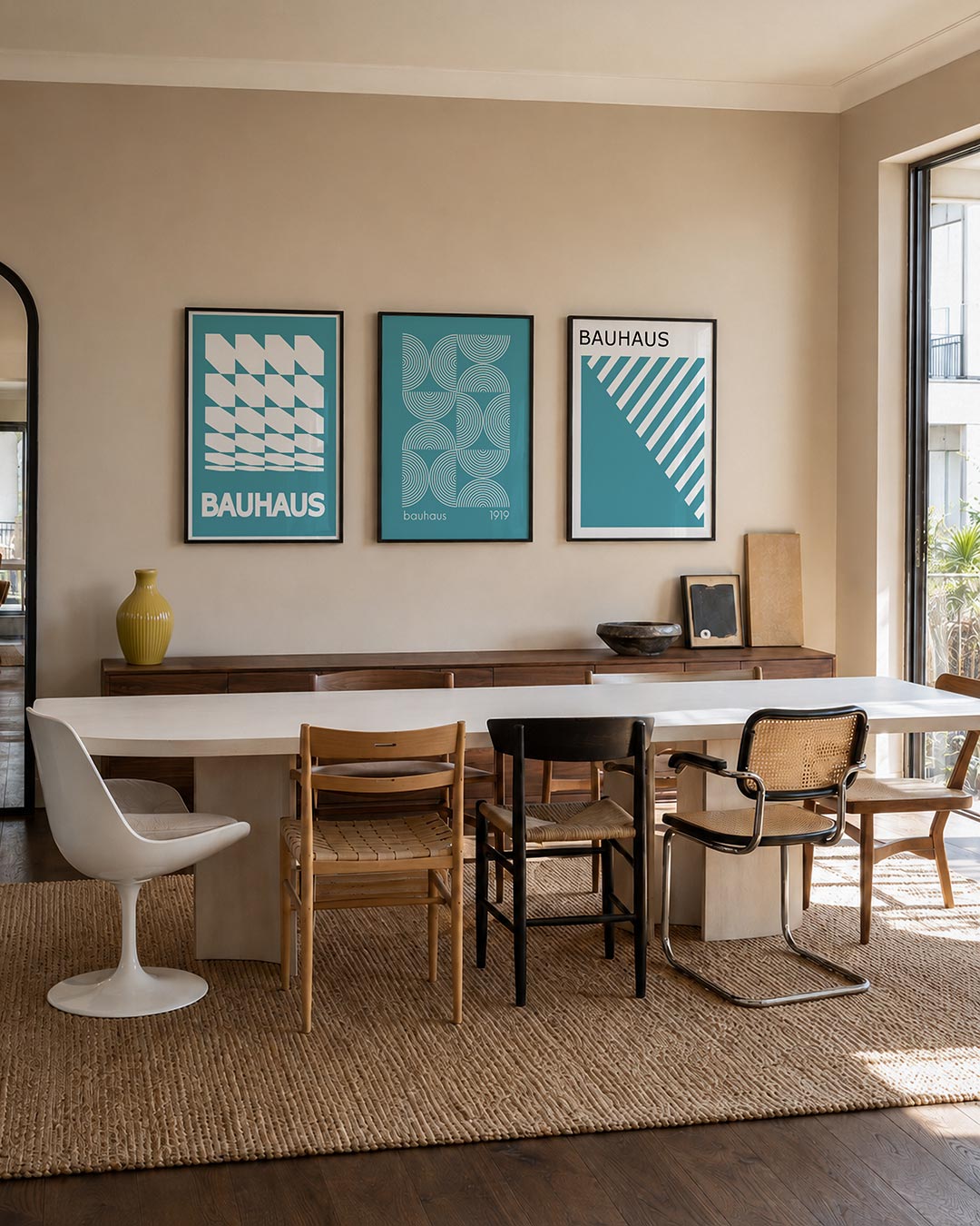 Vorm en ritme driedelige posterset – deze posterset in drie delen toont een dynamisch lijnenspel van witte en blauwe vlakken.