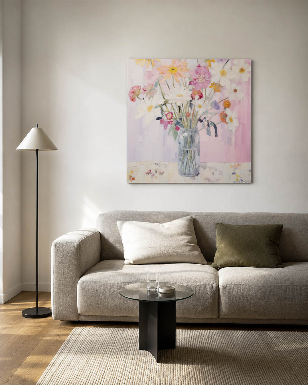 Bloemrijke compositie kunstwerk – detailweergave – dit werk toont een vaas met kleurrijke bloemen tegen een zachte