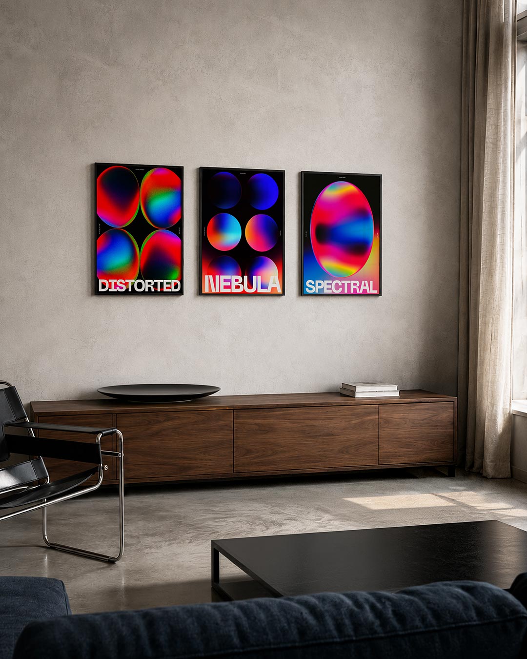 Kleurrijke cirkelcompositie posterset – tweede productweergave – vier grote cirkels met vloeiende overgangen van rood, blauw