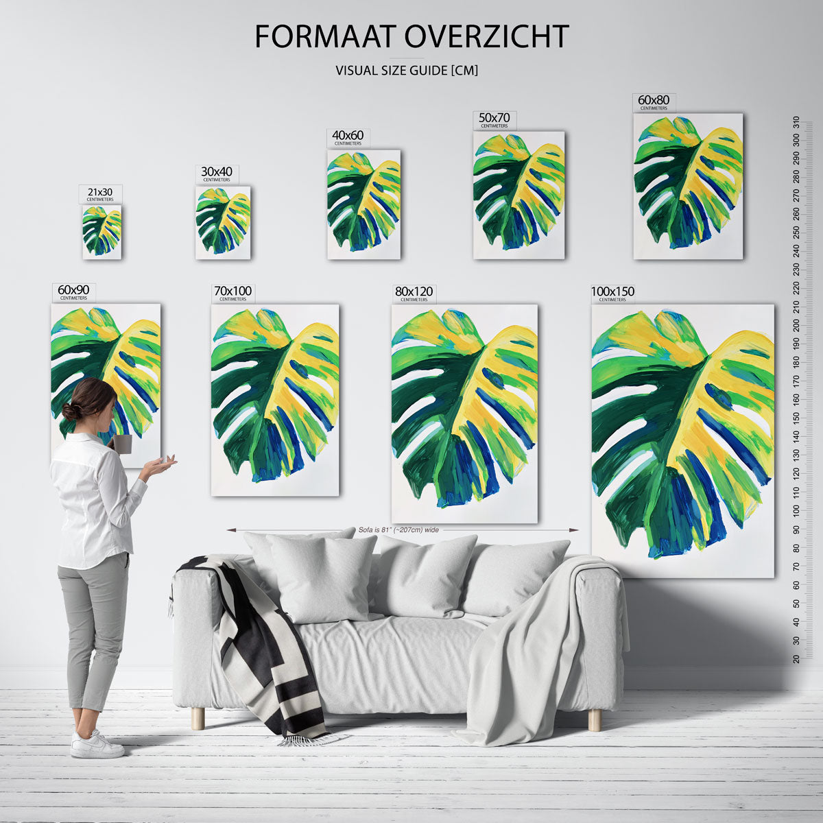 Blad in groene en gele tinten – staande muurposter met bloemen