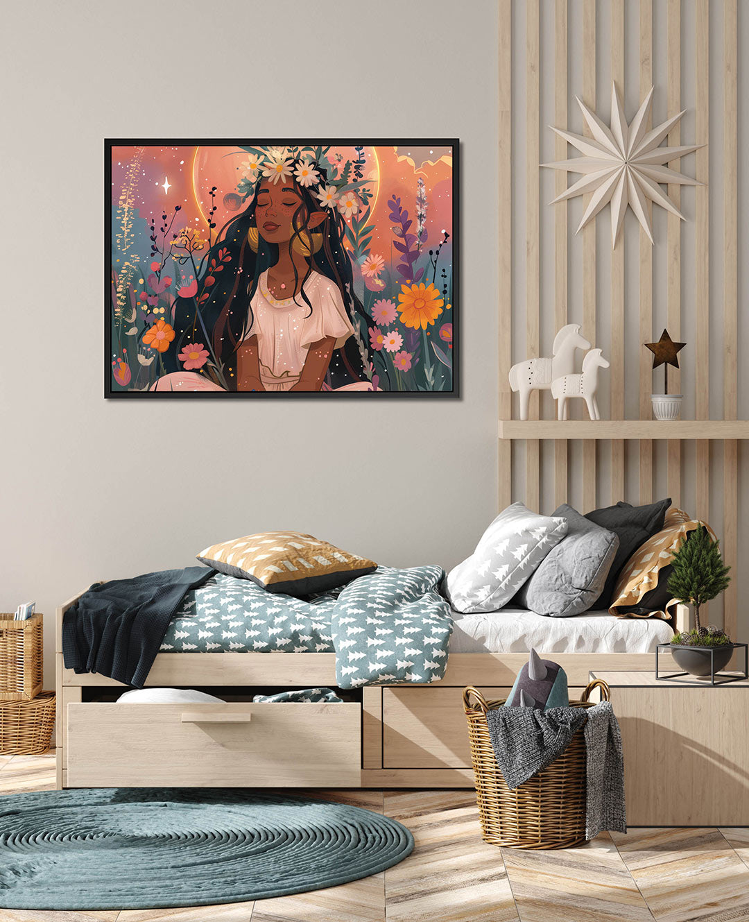 Dromerige bloemenmeisje – wanddecoratie in interieur
