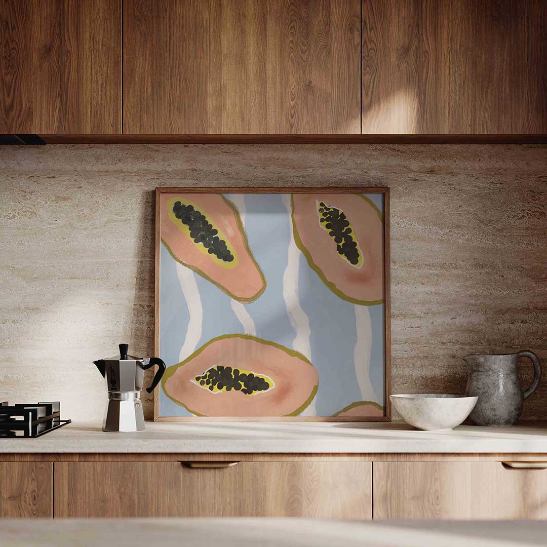 Papaja en zaden – culinaire wandkunst als vierkante poster