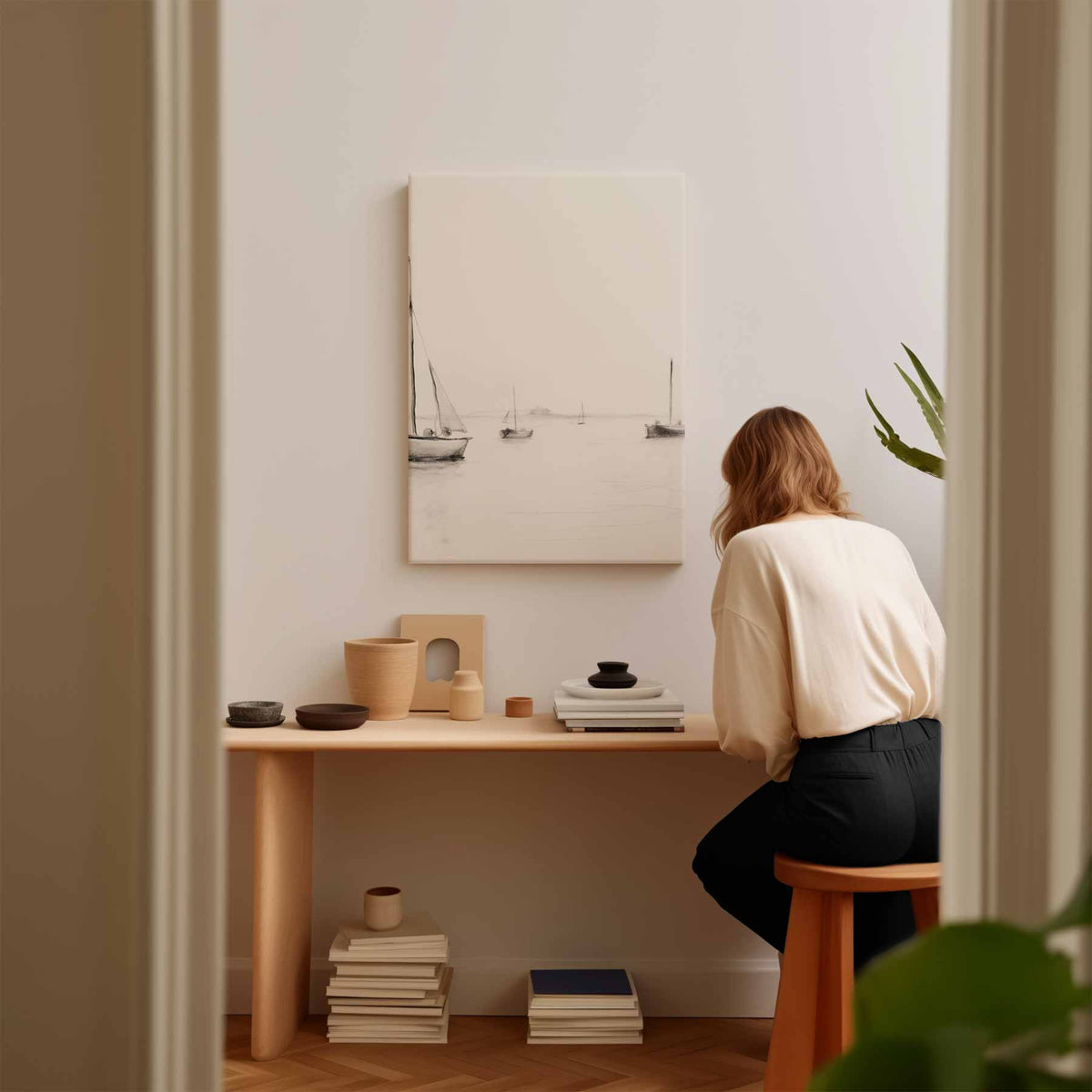Rustige Zeilboten op de Horizon – kunstwerk met zwarte baklijst