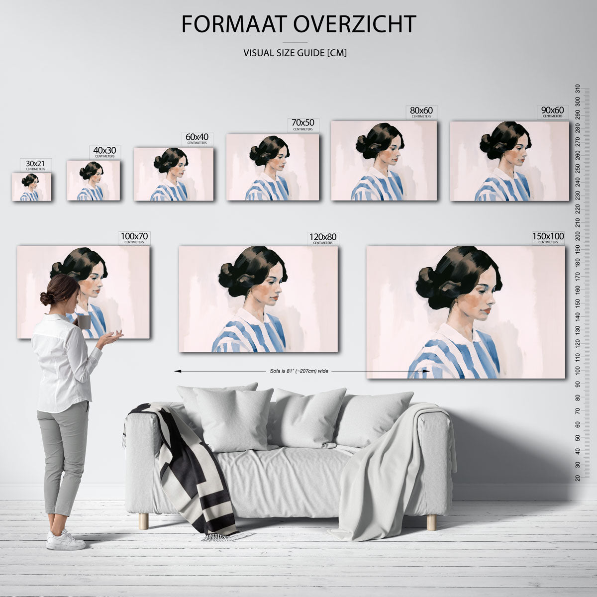 Vrouw in blauw gestreepte blouse – liggende muurposter met vrouwelijk portret
