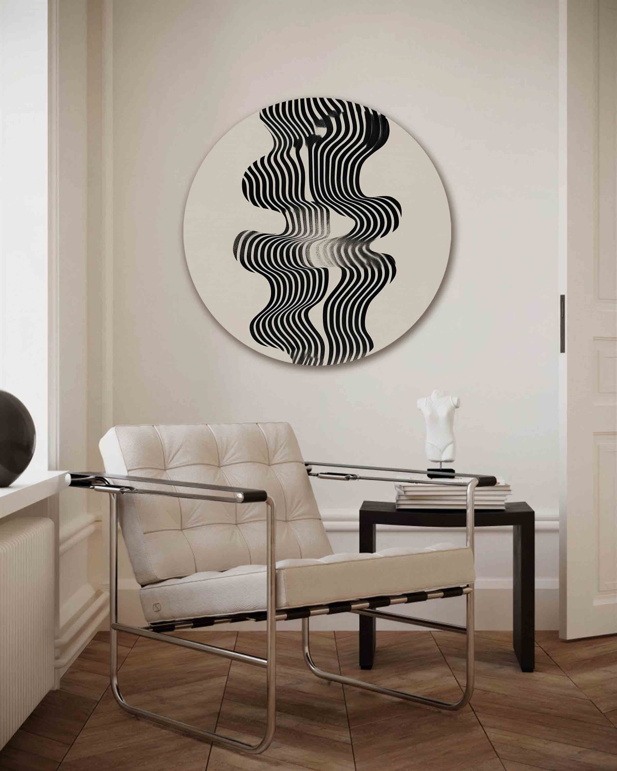 Golvende lijnen – abstracte muurcirkel als ronde wanddecoratie