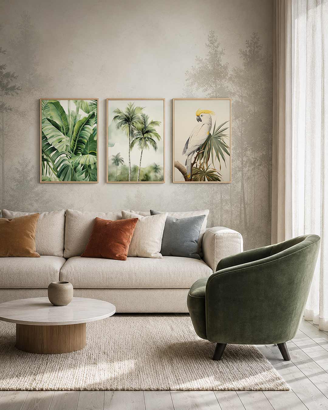 Groene bladeren harmonie driedelige posterset – deze posterset in drie delen toont een weelderige