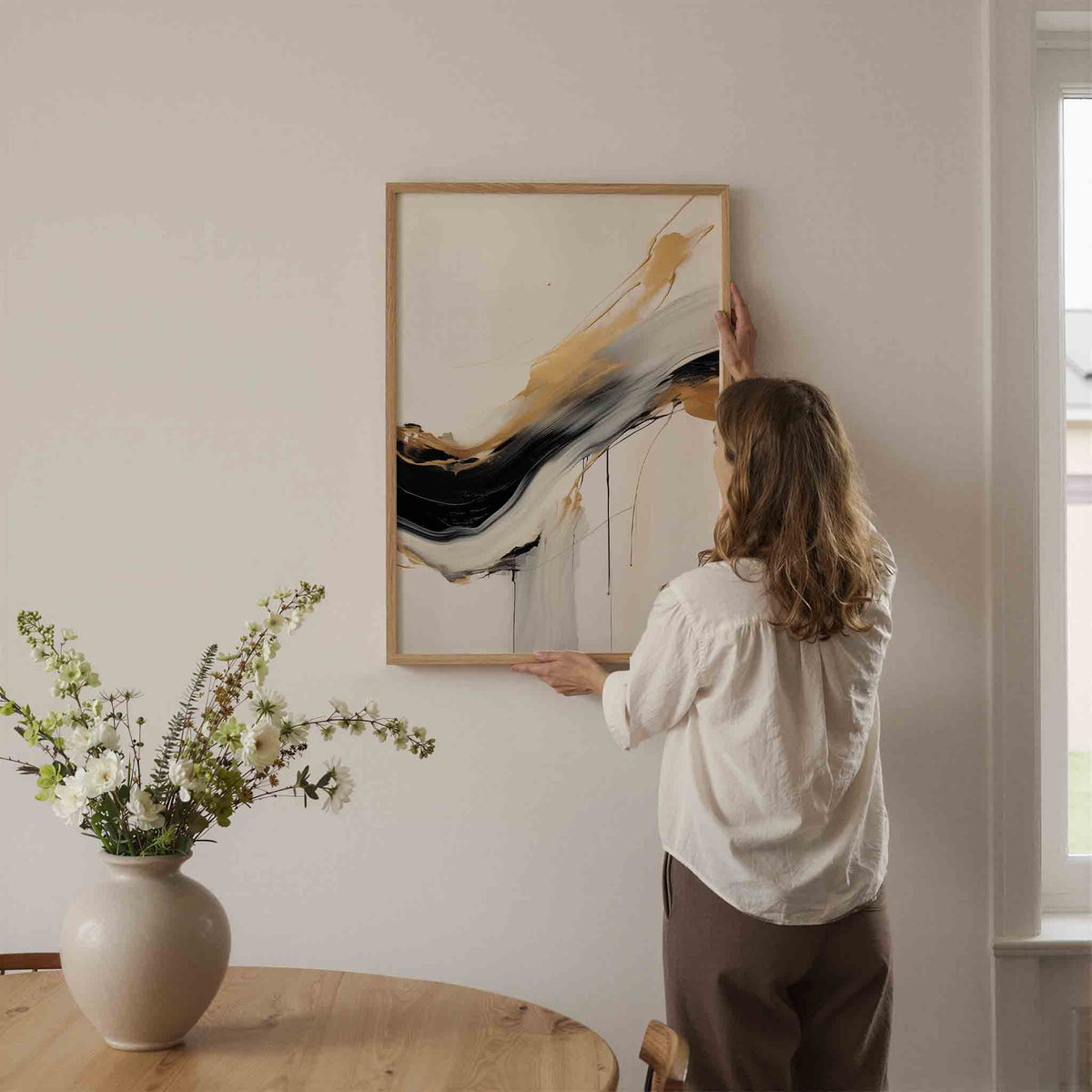 Gouden en zwarte stroom – botanische wandkunst als portret poster