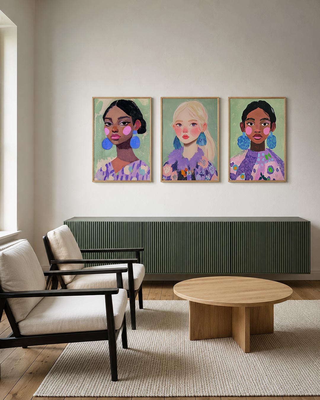 Kleurrijke portretuitdrukking posterset – tweede productweergave – een vrouw met grote blauwe oorbellen en roze wangen tegen