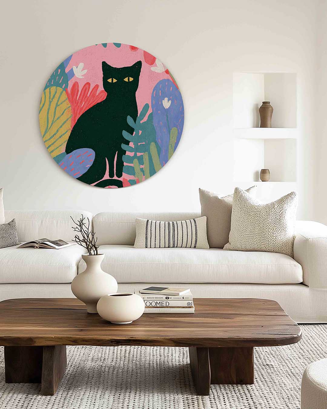 Zwarte kat en bladeren – muurcirkel met kleur en vormen voor aan de muur