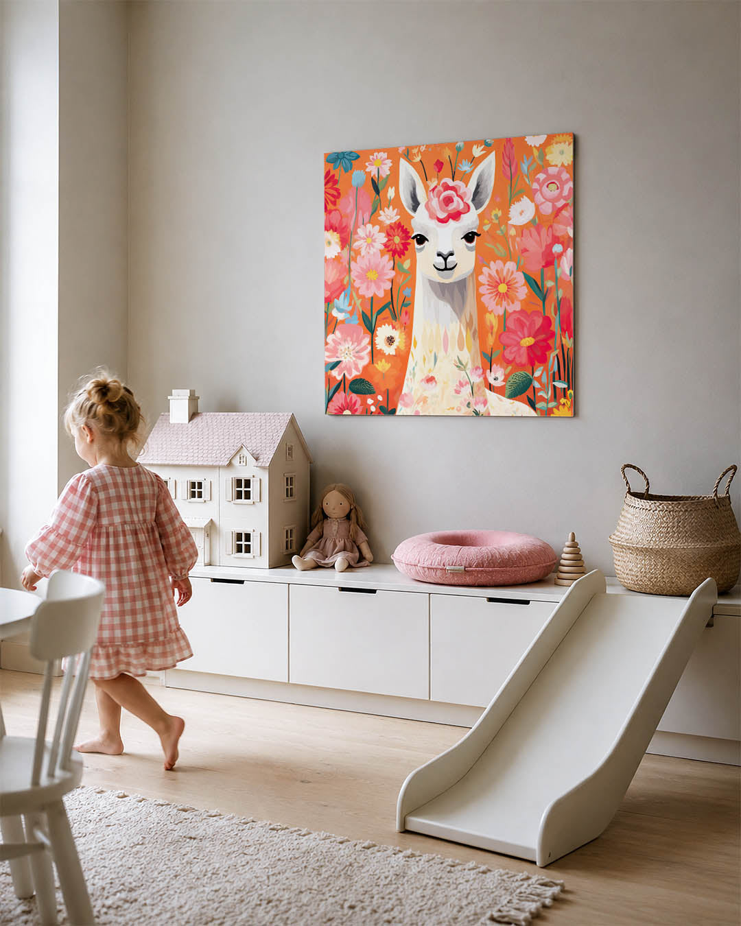 Vrolijke lama bloemen kunstwerk – tweede productweergave – dit werk toont een lama omringd door kleurrijke bloemen. De