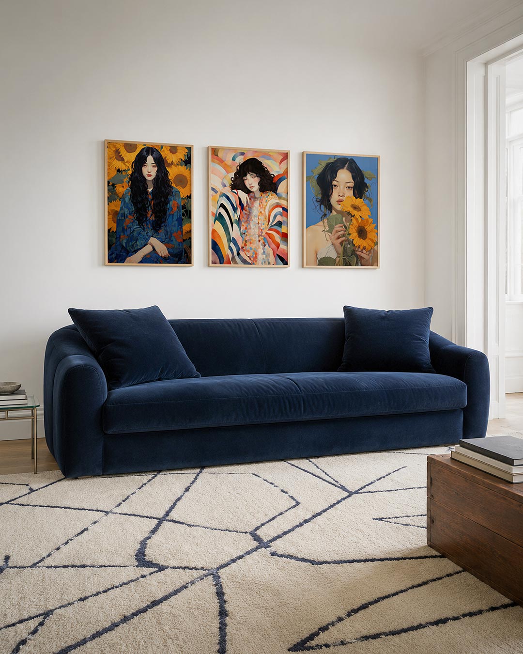 Bloemen en blauwtinten driedelige posterset – een vrouw met lang, donker haar zit voor een achtergrond