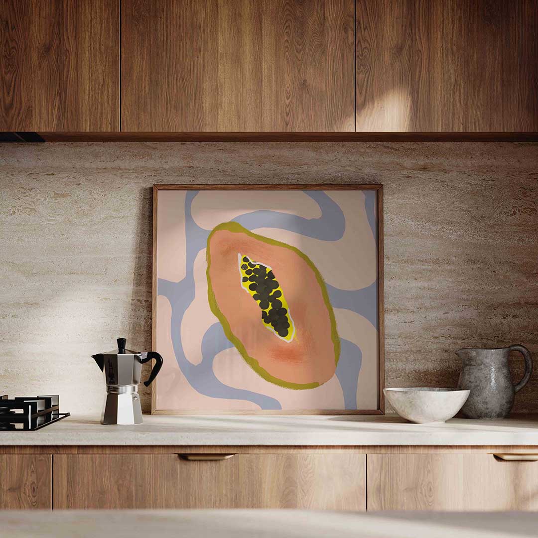 Papaja met zaden – culinaire wandkunst als vierkante poster