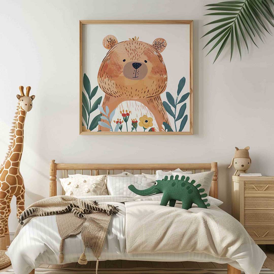 Beer met bloemen – vierkante kinderkamer wanddecoratie van WallArtistic